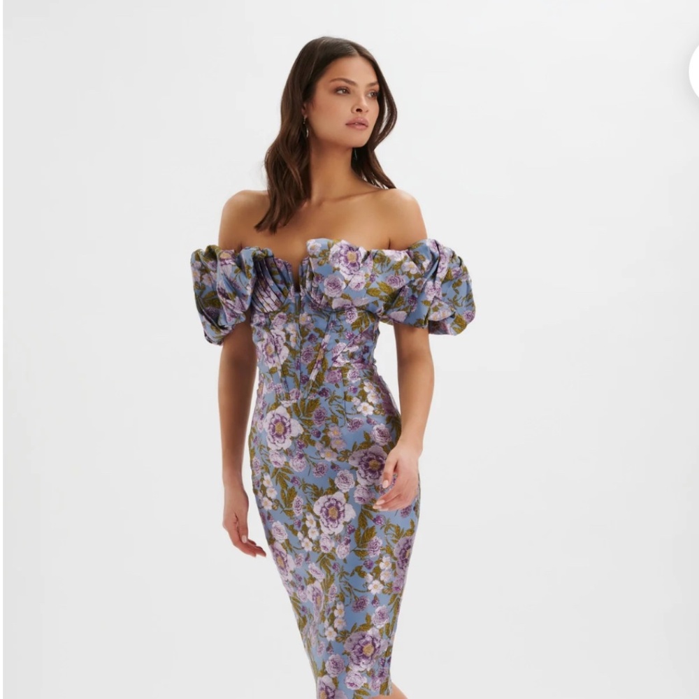 HARLOW JACQUARD CORSET PUFF SLEEVE MIDI DRESS IN BLUE PURPLE